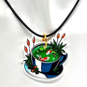 Orange White Koi Fish Water Grass Lilly Pad Pond Tea Cup Flowers Necklace